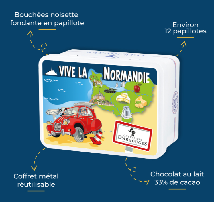 COFFRET "VIVE LA NORMANDIE" - BOUCHÉES NOISETTE FONDANTES CHOCOLAT LAIT 33% EN PAPILLOTES