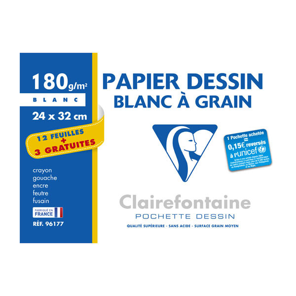 🎨 Pochette de papier à dessin blanc 12 + 3 feuilles – 24 × 32 cm – 180 g/m² – Clairefontaine