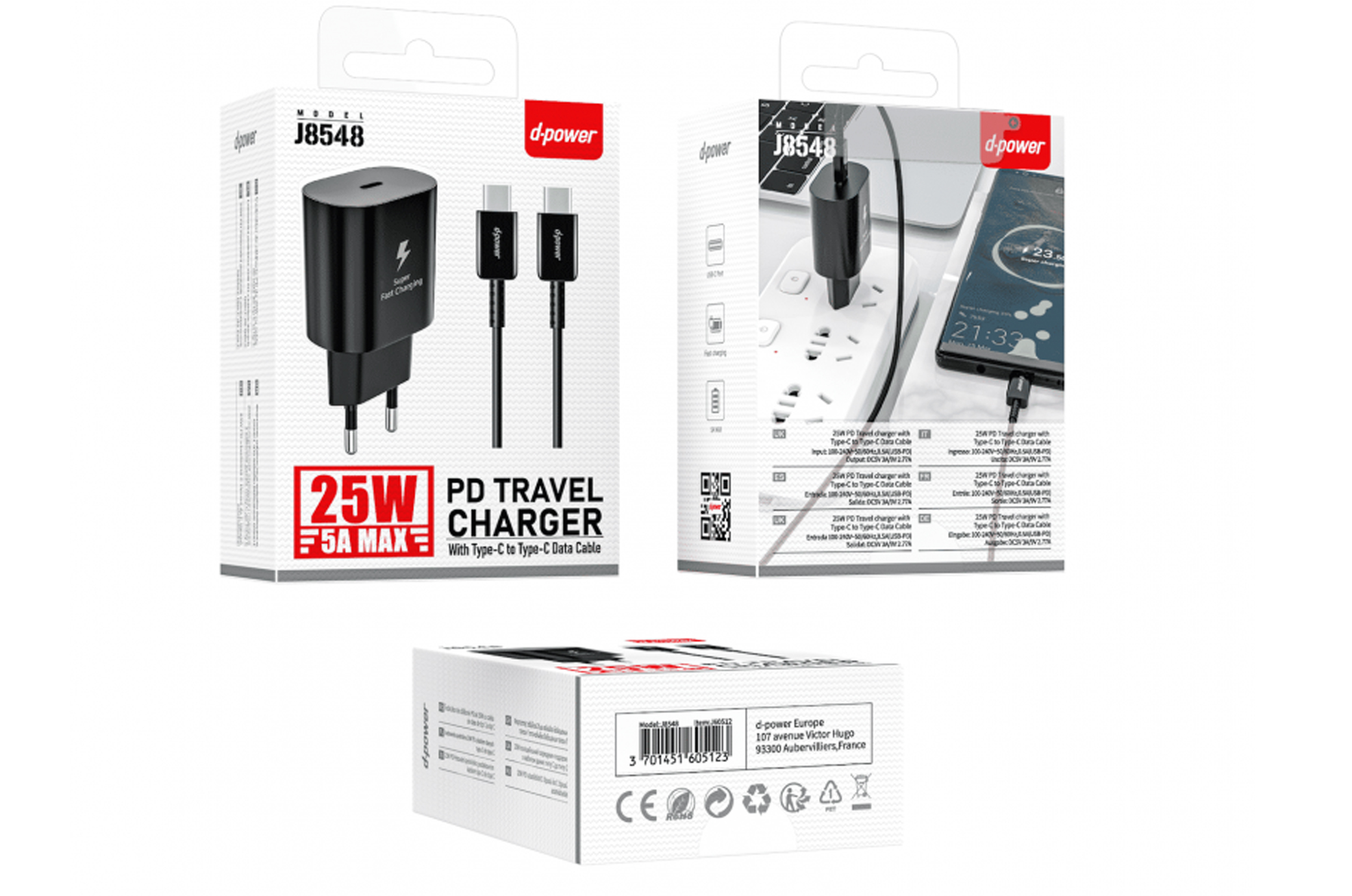Prise PD 25W + Cable Type-C vers Type-C Noir Chargeur Complet