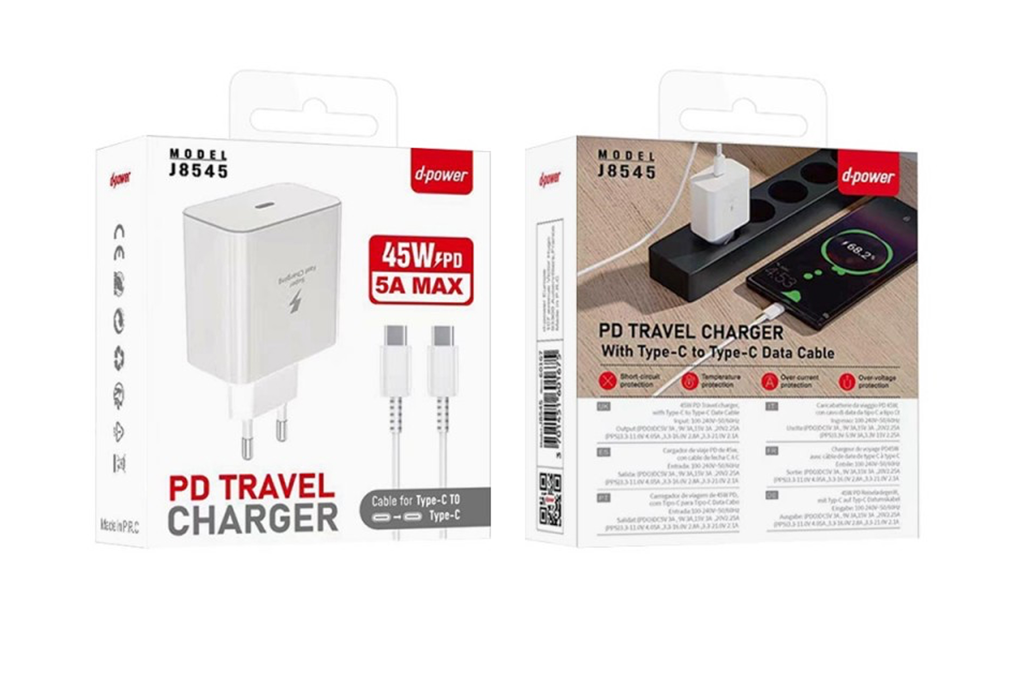 Prise PD 45W + Cable Type-C vers Type-C Blanc Chargeur Complet