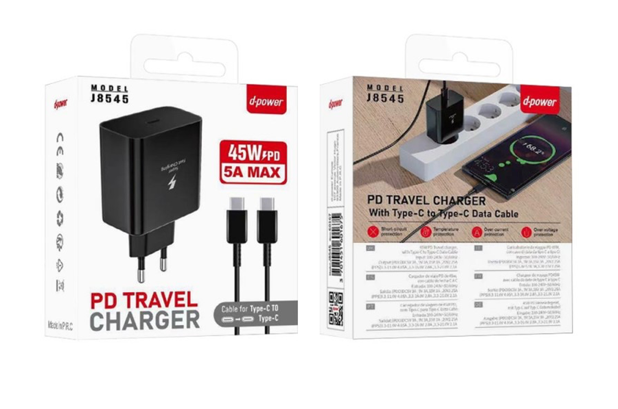 Prise PD 45W + Cable Type-C vers Type-C Noir Chargeur Complet
