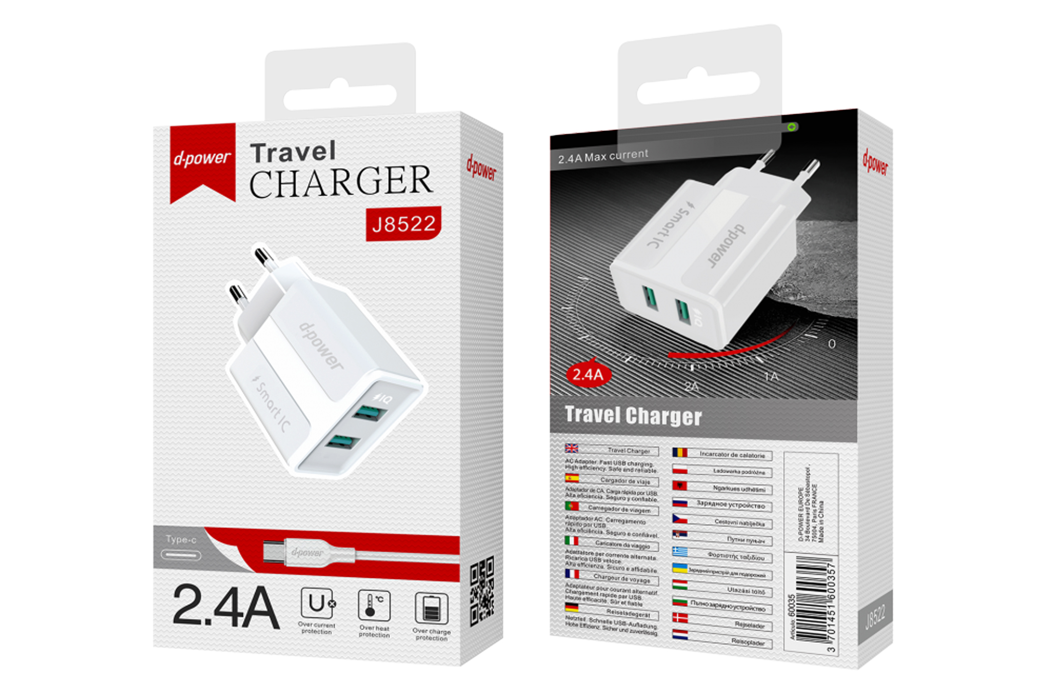 Prise secteur 2 ports USB + câble Type C – Blanc